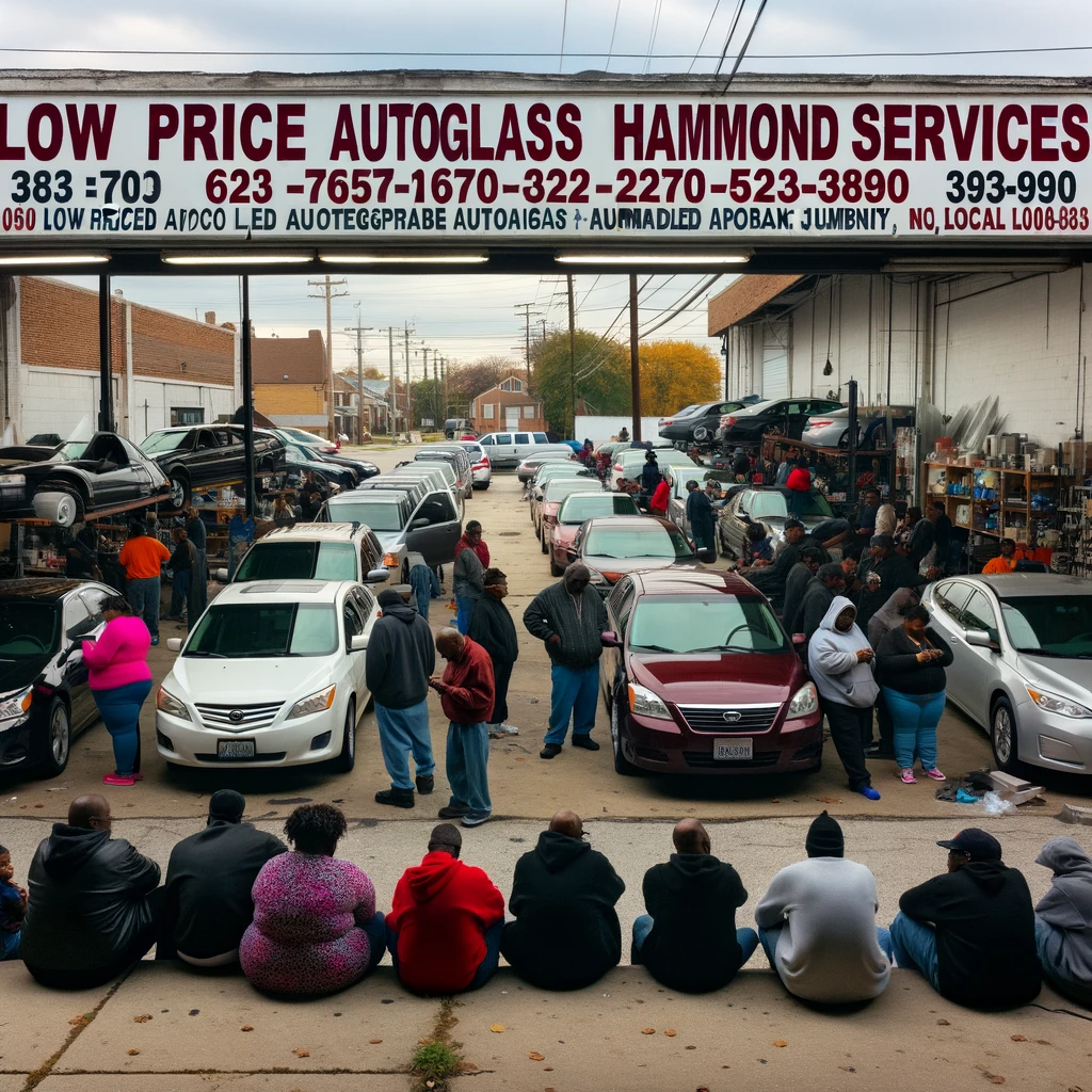 Group of people gathered outside "Low Price Autoglass Hammond" service shop with cars lined up for service.