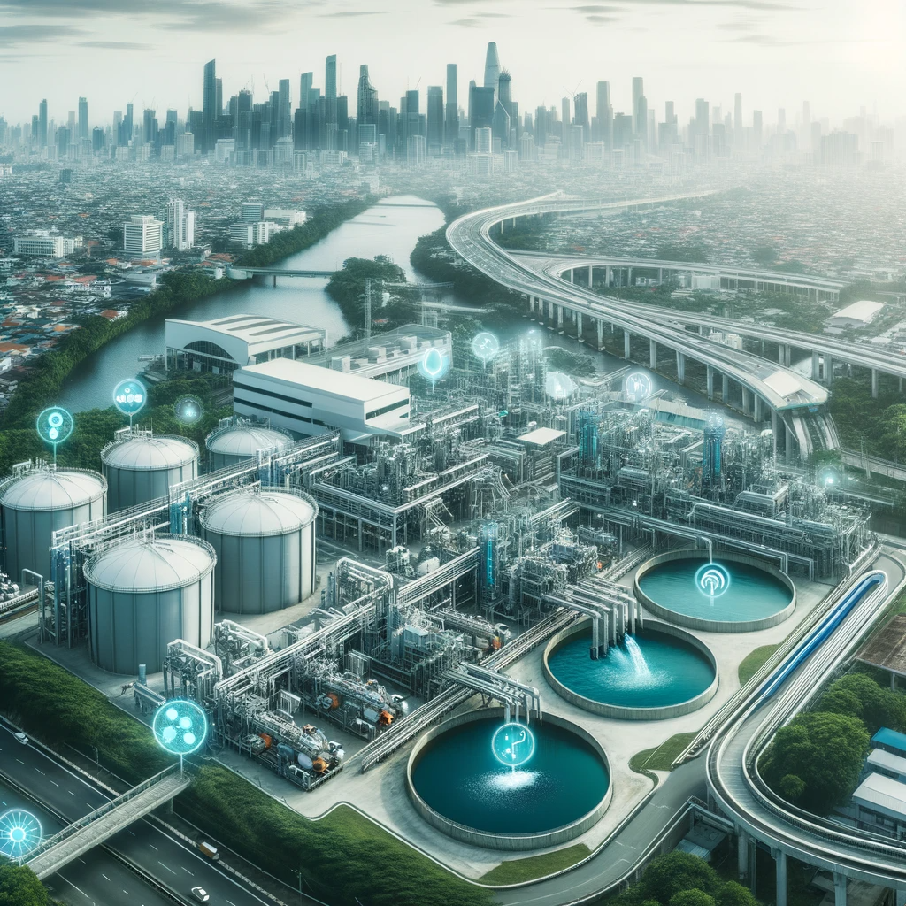 Advanced wastewater treatment facility with digital icons, set against a modern city skyline.