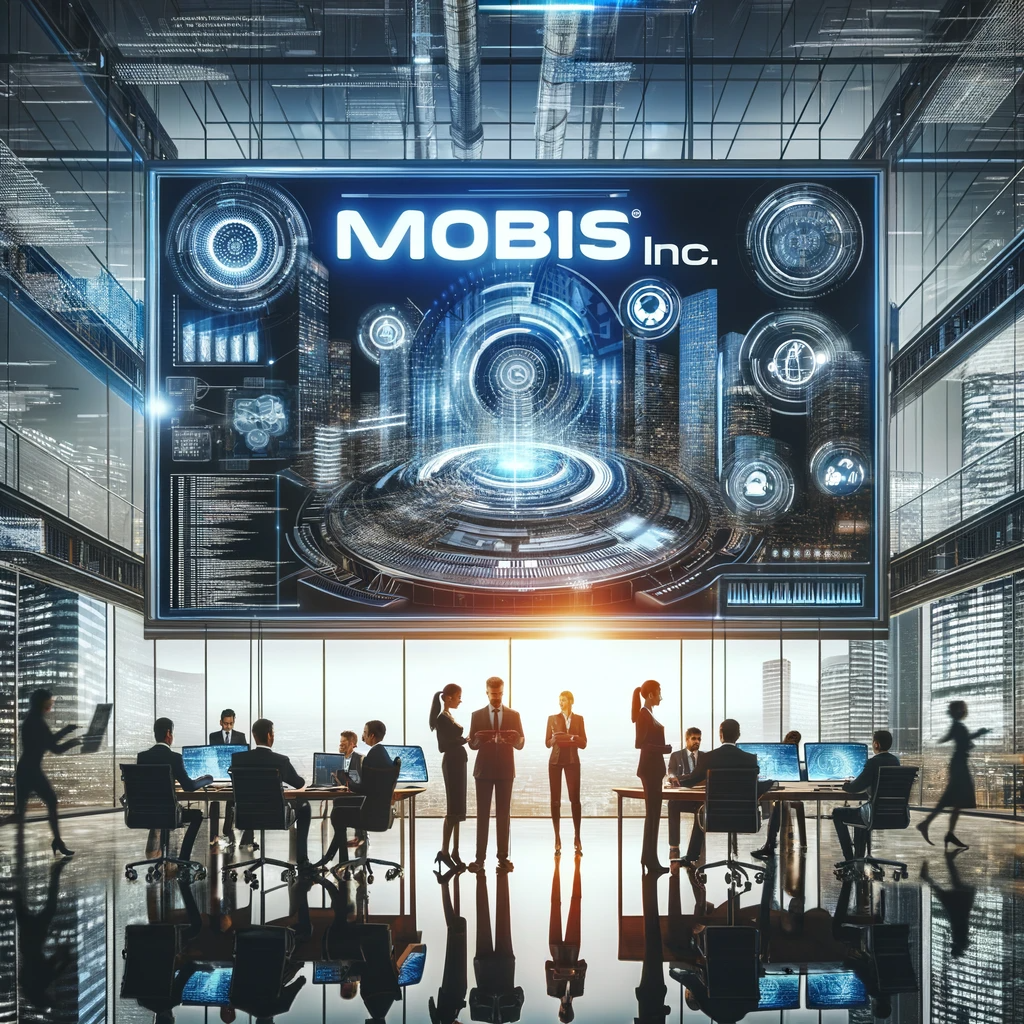 An image of Mobis Inc's modern office, featuring a diverse team of professionals working collaboratively amidst advanced technology, with large digital screens and the company's logo in the background, embodying a dynamic, professional atmosphere.