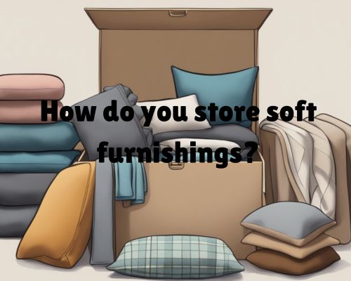 Soft furnishings neatly organized in a fabric-lined storage box, with pillows and blankets folded and stacked nearby. A hanging organizer holds smaller items like throws and cushions