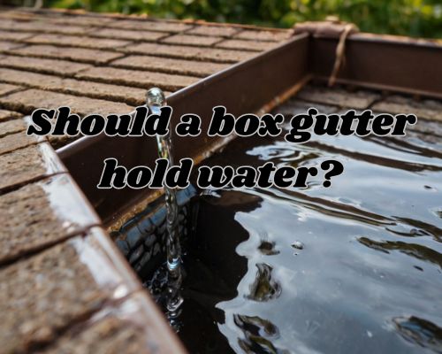 A box gutter overflows with water, pooling at the corners