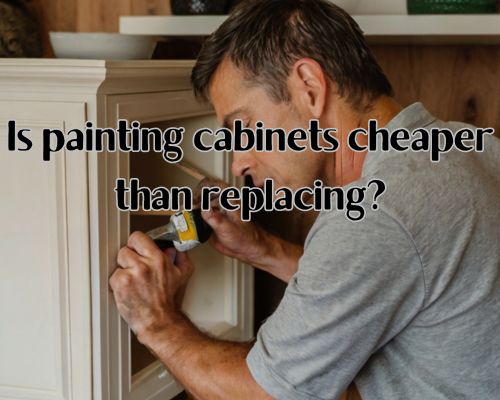 A person painting cabinets with paint cans and brushes, next to a stack of new cabinets