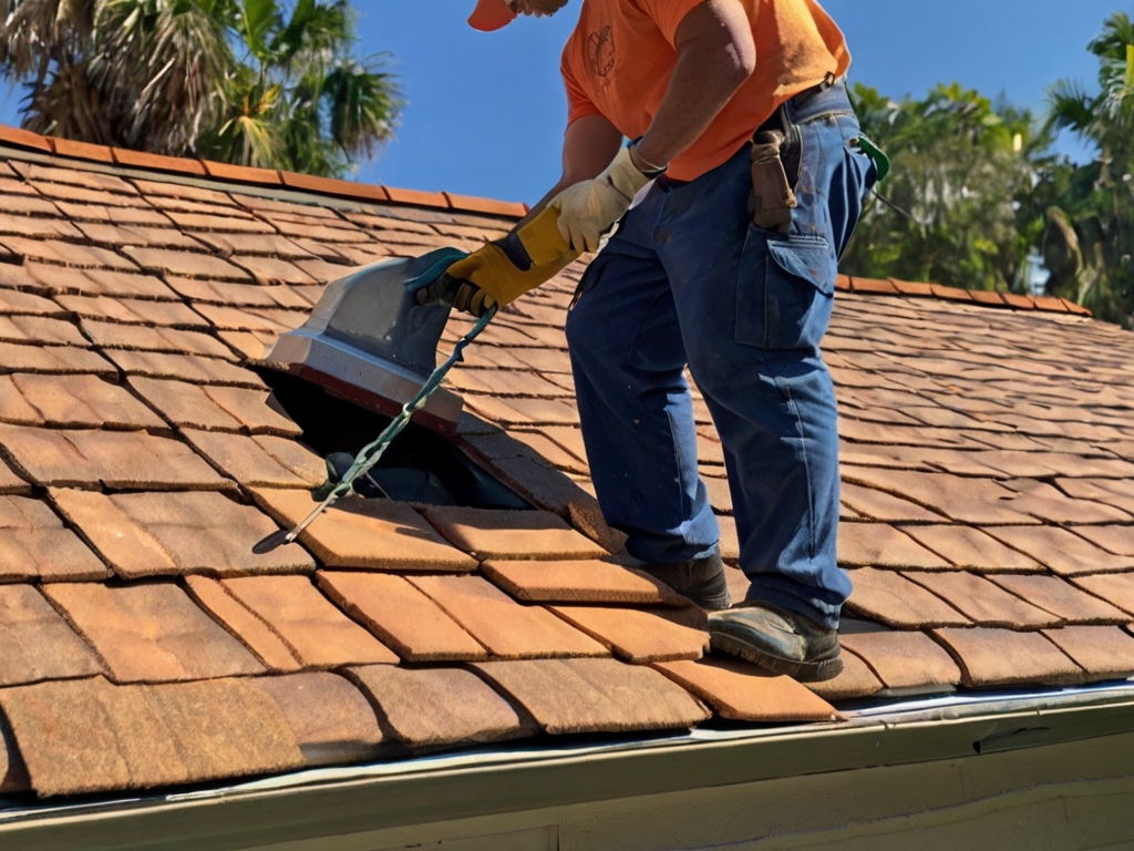 Roofer fixing shingles with care.